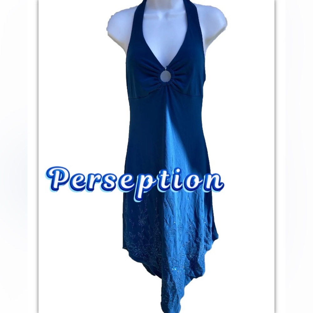 Womens Vintage Perseption Halter Scarf Dress Blue Teal Sparkly M Medium